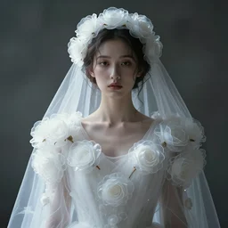 hight focus f 8, 8 5 mm : a wonderful realistic portrait of a lonely woman with a detailed wonderful symmetrical face who is dressed with a wonderful, majestic, large semi transparent white cotton dress ornate with semi transparent cotton roses and semi transparent white veils, accent white lighting, dramatic light, octane render by roberto ferri, fantasy art, photo realistic, dynamic lighting, unreal engine rendered, artstation, poster, dramatic light - 8 k