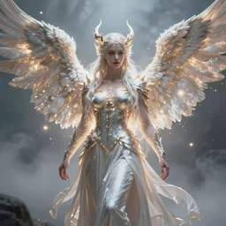 a stunning ultra detailed fantasy fine art portrait of a valkyrie with glowing wings spread out, surrounded by glowing orbs, misty, very detailed, perfect face, sharp focus, 2 4 mm lens, soft ethereal lighting, artstation, 8 k, by tomasz alen kopera, igor morski and anna dittman
