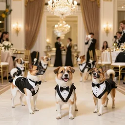 luxurious party with mudi dogs in formal wear dancing