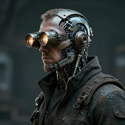 a rugged research engineer man with cybernetic enhancements, detailed optics, scifi character portrait by greg rutkowski, esuthio, craig mullins, 1 / 4 headshot, cinematic lighting, dystopian scifi gear, gloomy, profile picture, mechanical, half robot, implants, steampunk