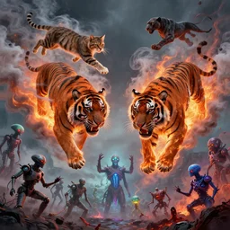 two head tiger made of smoke, lava and fire flying in the sky ; cat flying in the sky ; panther flying in the sky ; humans being devoured ; aliens, robotic machines, gods, bio - mechanical intelligences, glitch creatures, dmt entity ; lsd art, trending on artstation, style greg rutkowski