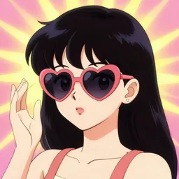 by tadanori yokoo. anime girl wearing heart shaped sunglasses. a 1 9 8 0 s retro illustration. detailed, sunburst