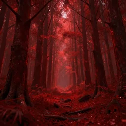 red forest that gives off a spooky vibe, surreal, sharp focus, digital art, epic composition, concept art, dynamic lighting, intricate, highly detailed, 8 k, unreal engine, blender render