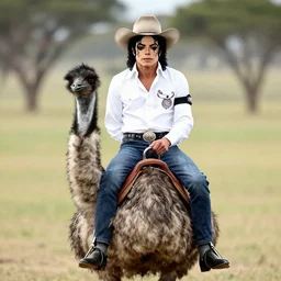 michael jackson riding a emu with a cowboy hat on