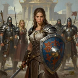 a painting of a woman holding a shield,  four warriors in the background, temple in the background, concept art by Michael Komarck, Artstation, fantasy art, detailed painting, concept art, 2d game art
