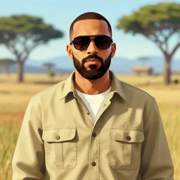 afrikaans man with beard wearing sunglasses and khaki shirt, gta v style portrait illustration, bushveld background