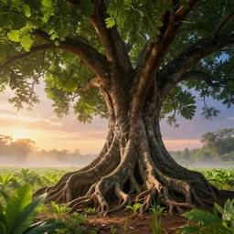 A realistic detailed photo of a tree, giant roots, cosmic particles, cosmic sky, sunset, green leafs, giant leafs, bright plants, sunny landscape, foggy landscape, cinematic, light particles, detailed light, realistic shaders, trending on artisation, detailed textures, detailed, realistic.