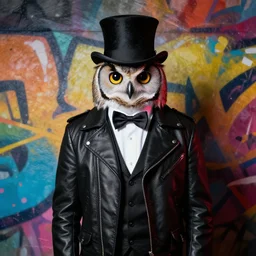 one gentleman owl with black biker jacket, portrait photo, wall with colorful graffiti, studio photo, suit, bow tie, tophat, tophat, volumetric lighting