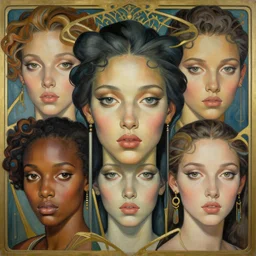 a streamline moderne, art nouveau, multi - ethnic and multi - racial portrait in the style of charlie bowater, and in the style of donato giancola, and in the style of charles dulac. clear, expressive, very large eyes. symmetry, ultrasharp focus, volumetric lighting, photorealistic digital painting, intricate, elegant, highly detailed, centered.