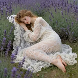 a young nymph in an artistic resting pose covered in lace intricate translucent loosen cloths surrounded by beautiful lavender plants and meadows, highly detailed digital by artgerm, wlop, by alphonse mucha painting