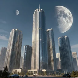 russian high - rise buildings, in the style of the futuristic future, the destroyed moon in the sky, photorealism, digital painting, 4 k,