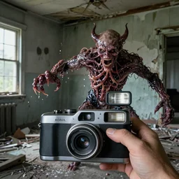 a disposable vintage camera photograph with camera flash of a male demonic creature made of slimy oozy meat and veins inside an abandoned house attacking the pov, photorrealistic, render octane, concept art, film, dslr