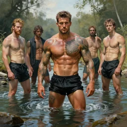 handsome tattooed gym bro wades in the river, painting by artgerm, gaston bussiere, craig mullins, j. c. leyendecker, tom of finland