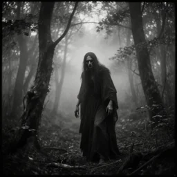 creepy evil in the misty wood, pinhole camera effect, lomography effect, analogue photo quality, monochrome, blur, unfocus, oil on linen, Chiaroscuro, painted by Giovanni Baglione