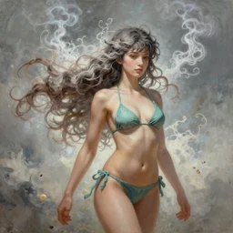 a colorful and provenance portrait painting of a fantasy female pretty anime girl in bikini, detailed, highly detailed, hair made of hair made of air wind and curling smoke, mist, dust, genie, spirit fantasy concept art ， art by charlie bowater, trending on artstation.