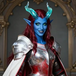 masterful rococo style portrait, female tiefling warrior of deep blue skin, straight aquamarine translucent crystal horns, shiny dark blood red hair, shifty lime green eyes and a playful smile wearing teal lined crimson plate armor and a white cape with red lining, highly detailed masterpiece, artstation trending, 8 k