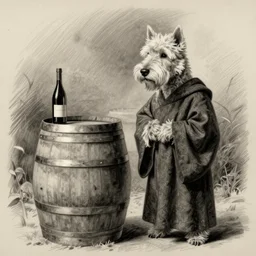 pencil sketch of a westie dressed as a monk admiring a wine barrel