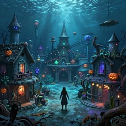 a horror based underwater suburban amusement park that incorporates halloween and ocean elements in its design imagery and features attractions as well as houses, halloween decorations, atlantis, amusement park, spooky, amusement park attractions, deep sea, horror themed, fun, in the style of stephen silver and genndy tartakovsky