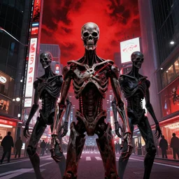 horror art, terminators in shinjuku street, red cloud in the background, art by ismail inceoglu
