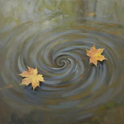 a small eddy in a forest river, two maple leaves circle around on opposite sides at the edges of the whirlpool, midday, soft light, oil painting, minimalist, beautiful,