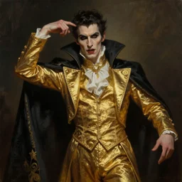 male vampire in dark golden noble clothes in a bizarre pose, realistic painting, artstation, cinematic, dramatic lighting