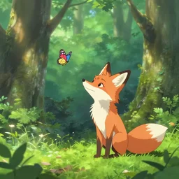 little fox play with butterflies in forest, true colors, anime, japan, makoto shinkai, ultra hd, ray tracing, smooth, dream
