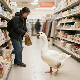 a goose chasing a shop keeper at a department store. photo
