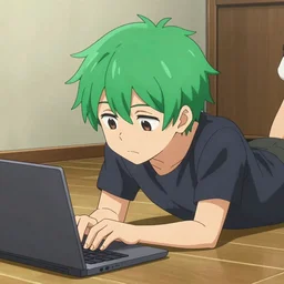 boy with green hair laying on the floor of his room in front of laptop computer by Michiru Kaioh, detailed