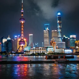 cyberpunk city in Shanghai, rain, night, photorealistic