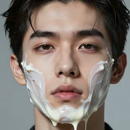close up of beautiful hyperrealistic male face melts like ice cream, digital art masterpiece, highly detailed neo pop surrealism, jason limon kay sage hannah yata, dramatic lighting, medium shot, low angle, uhd 8 k, sharp focus