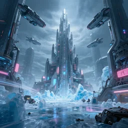 industrial futuristic ice mine, with spaceships in the sky, long exposure, neon signs, tall shard structure in the centre of the background, cinematic, epic, 4 k, concept art by tatsuro kiuchi