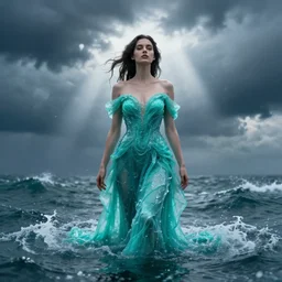 dress made of water, liquid, woman, solemn, female, rising up from ocean, high detail, high contrast, extreme close up portrait, stormy seas, beautiful, bokeh, snowy, storm clouds, god rays, d & d, fantasy, elegant, aquamarine color palette, concept art, roger deakins, greg rutkowski, alphonse mucha