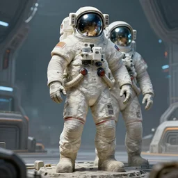 giant stone statue of two standing astronauts in spacesuits made of stone, fullbody, futuristic spaceport, bokeh, character portrait, concept art, intricate details, highly detailed photorealistic portrait in the style of brom and seseon yoon, digital art, realistic painting, sci fi, character design, trending on artstation