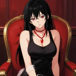 sexy girl with black hair, wearing a low cut tanktop and red necklace, sitting in a chair, red and black color palette, in the style of greg rutkowski, high quality anime artstyle, intricate