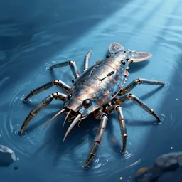 photograph of metal cyborg copepod in blue water