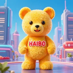 portrait of haribo bear in future city, color and shap