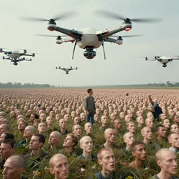 a farm of human heads being collected by futuristic drones, Simon Stalenhag, beeple, Wadim Kashin, 4K, cinematic