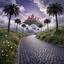 curled perspective digital art of curly clouds cobblestone street with wildflowers to a casino in top of a hill with curly palmtrees by anton fadeev from nightmare before christmas