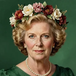 portrait sophie thatcher wearing a floral crown, olive skin, long blond hair, dark green background, intricate, elegant, highly detailed, digital painting, artstation, concept art, smooth, sharp focus, illustration, bouguereau, rutkowski, mucha