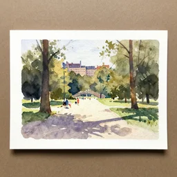 small centered on watercolor paper, paint brush strokes, abstract watercolor painting of city park, daylight, shadows, sunlight, cinematic light, national romanticism by hans dahl, by jesper ejsing, by anders zorn, by greg rutkowski, by greg manchess, by tyler edlin