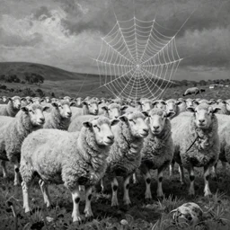 a beautiful painting the sheep included a spider web, hyper realistic, one line, grey scale