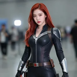 nayeon cosplaying as black widow, dragoncon, 3 5 mm, f / 2. 8, flash fired