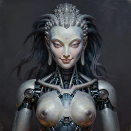 perfectly centered symmetrical portrait, front view of a beautiful biomechanical android alien robot buddha, female, flowing hair, intense stare, sarcastic smile, concept art, intricate detail, volumetric shadows and lighting, realistic oil painting by alex grey,