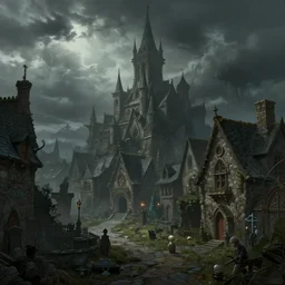 extreme long shot concept art depicted an old english mystic town, dramatic mood, overcast mood, dark fantasy environment, art by legends of runeterra and league of legends and arcane, art by tony sart, art by thornton oakley, art by darek zabrocki, trending on artstation, unreal engine