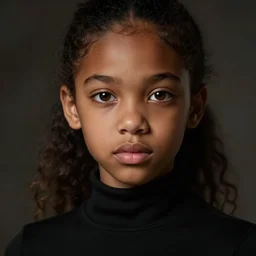 a photorealistic hyperrealistic, bright brown eyes, light skinned african young girl, ponytail hair, flawless face, beautiful lips, cute face, black turtle neck shirt, by wlop, artgerm, greg rutwoski, alphonse mucha, beautiful dynamic dramatic low - light moody lighting, cinematic atmosphere, artstation, concept design art, octane render, 8 k