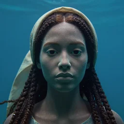 mood by sergio larrain underwater photography. a sculpture of a head & shoulders view of a woman with dark skin. the woman's hair is styled in braids, & she is wearing a headscarf. she has large, dark eyes, & her expression is solemn.