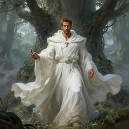 ryan reynolds as a wizard with white flowing robes musclebound on yggdrasil in a romance novel fantasy artwork epic detailed and intricate digital painting trending on artstation by wlop octane render
