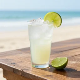 a photo of a cocktail on a rustic wooden table with ice and a slice of lime, in a beachside bar in cuba at sunset, cuba libre cocktail drink, backlit, professional product photography, shot on canon 50mm lens, cinematic lighting