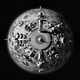 A planetary city by Simon Stålenhag and Ansel Adams, black and white photo 4k