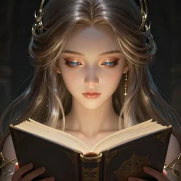 a girl reading book, sci-fi, glossy eyes, face, long hair, symmetric!, anatomically correct, fantasy, intricate, elegant, highly detailed, digital painting, artstation, concept art, smooth, sharp focus, illustration